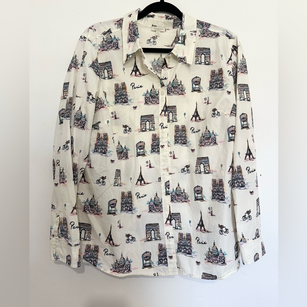 Talbots 100% Cotton Paris Print Button-Up Shirt Size XLP novelty print